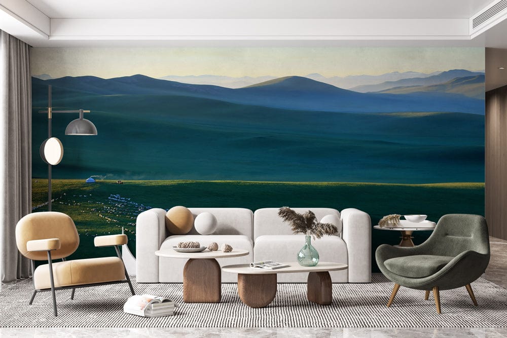 Modern living room featuring Serene Green Landscape Mural Wallpaper, with contemporary furniture and grey flooring.