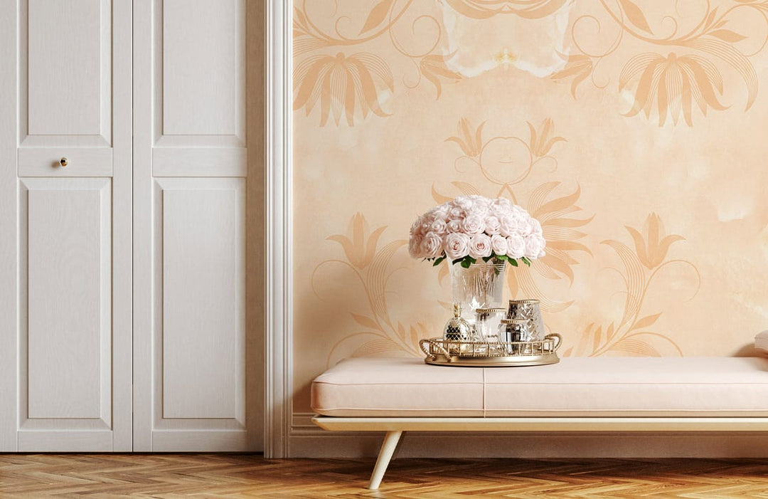 Elegant cream floral damask wallpaper, vintage style; pale bench; parquet flooring; white cabinets; charming room.