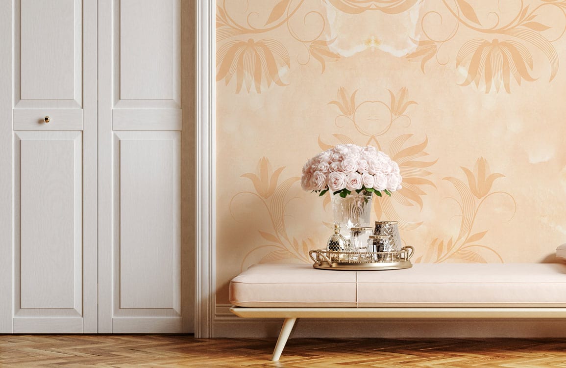 Elegant cream floral damask wallpaper, vintage style; pale bench; parquet flooring; white cabinets; charming room.
