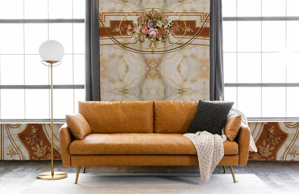 Vintage Ornamental Floral Baroque Wallpaper, brown sofa, grey rug, floor lamp in living room setting.