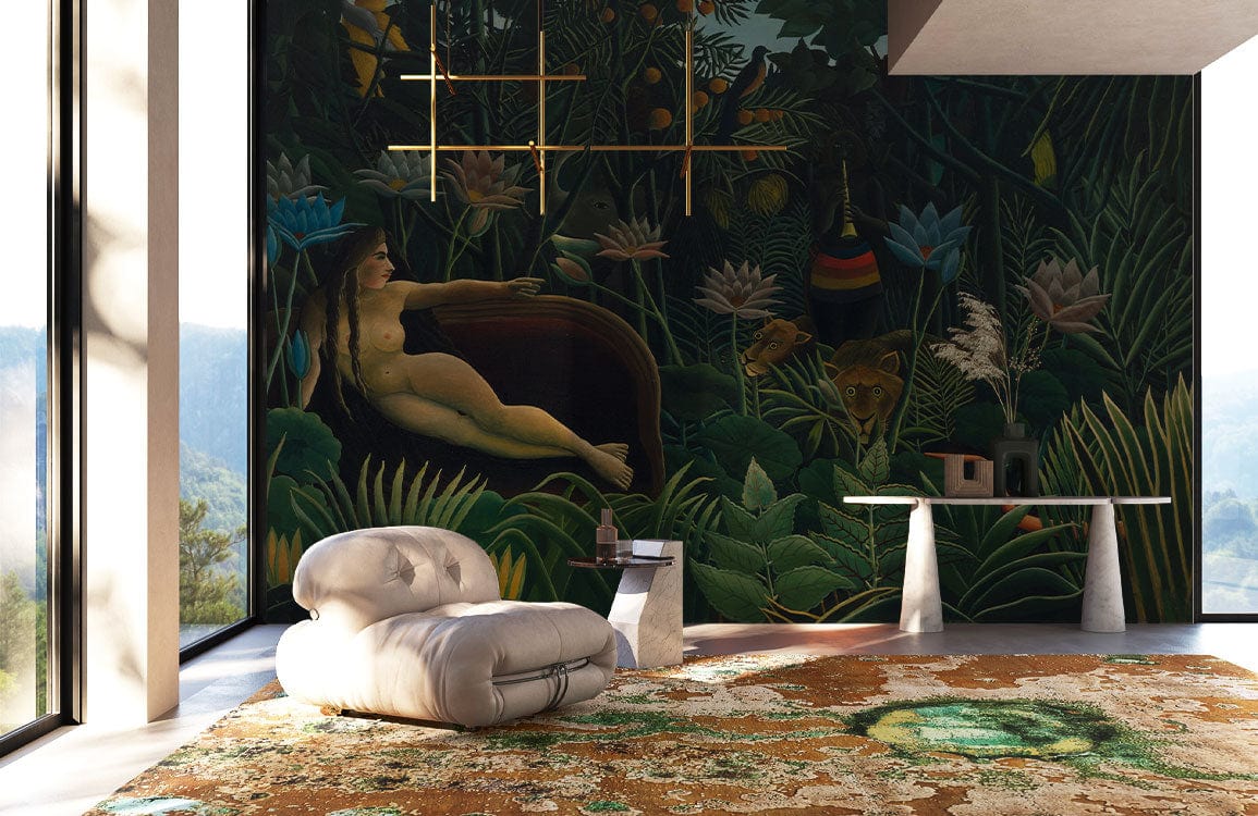 Exotic Jungle Dreamscape mural wallpaper with botanical design, beige modern chair, large windows, contemporary carpet.