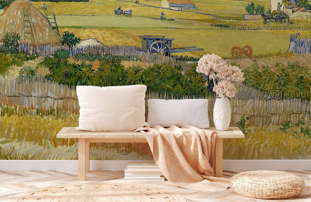 Idyllic countryside landscape mural wallpaper with rustic bench, beige cushions, and light wood flooring.