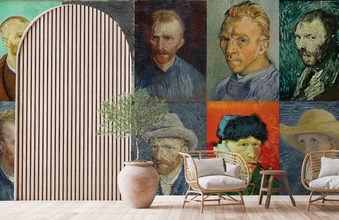 Vincent Van Gogh mural wallpaper in artistic room with wooden arch, wicker chairs, and light wood flooring.