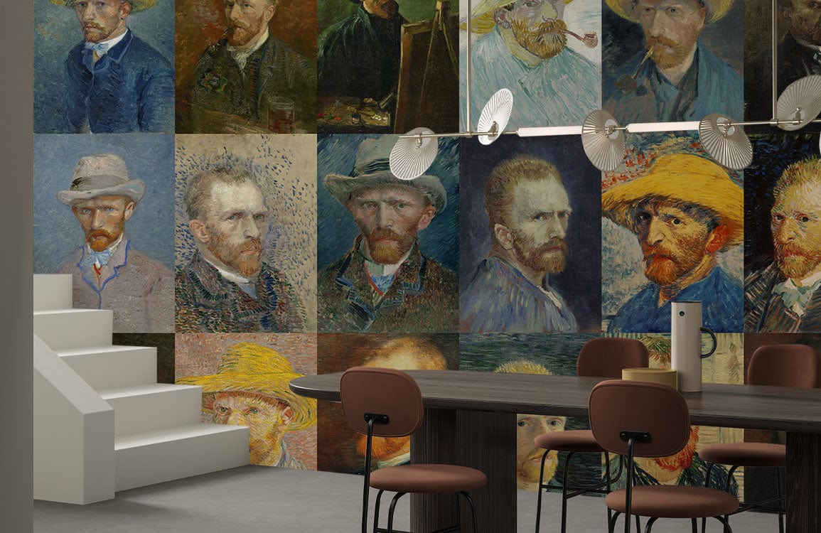 Dining room with Artistic Vintage Self-Portrait Collage mural, brown chairs, dark table, contemporary lighting.