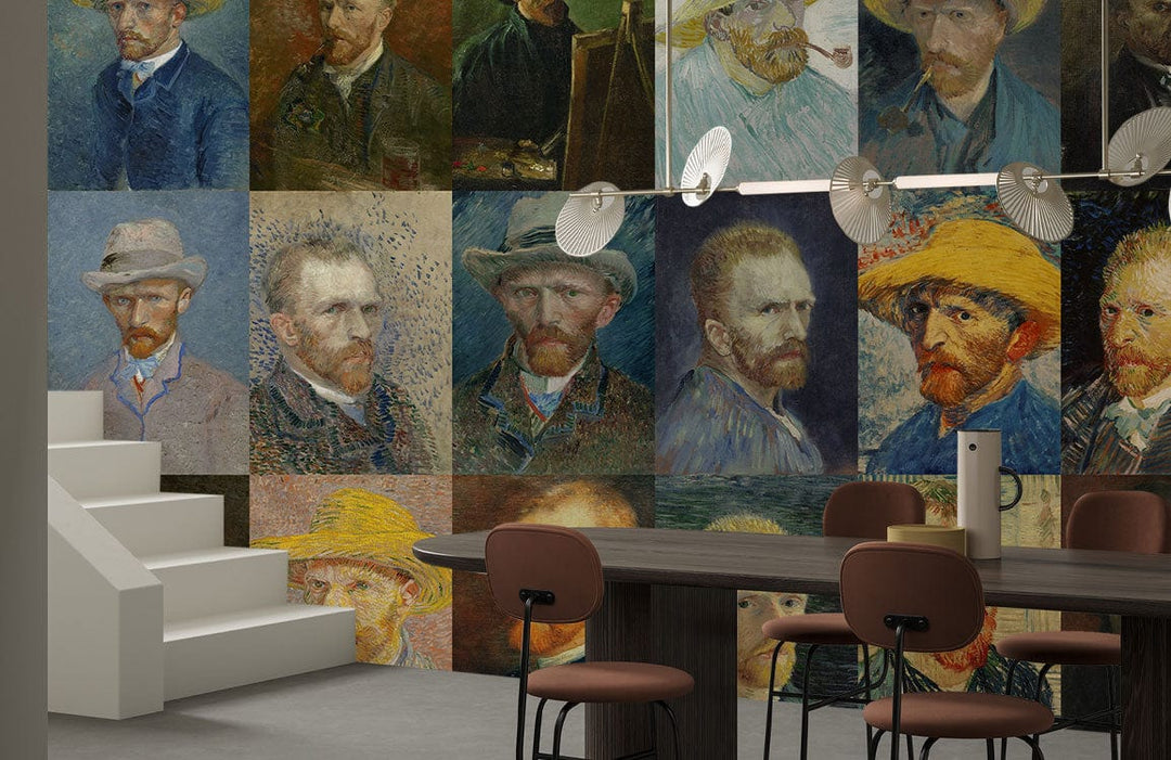 Dining room with Artistic Vintage Self-Portrait Collage mural, brown chairs, dark table, contemporary lighting.