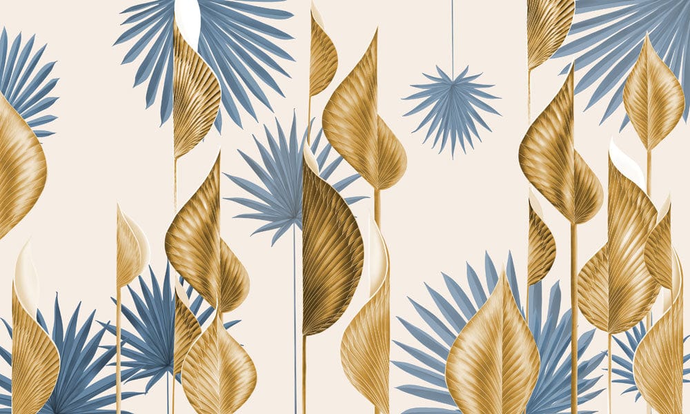 Elegant Blue and Gold Botanical Leaf Pattern Wallpaper for Sophisticated Interiors