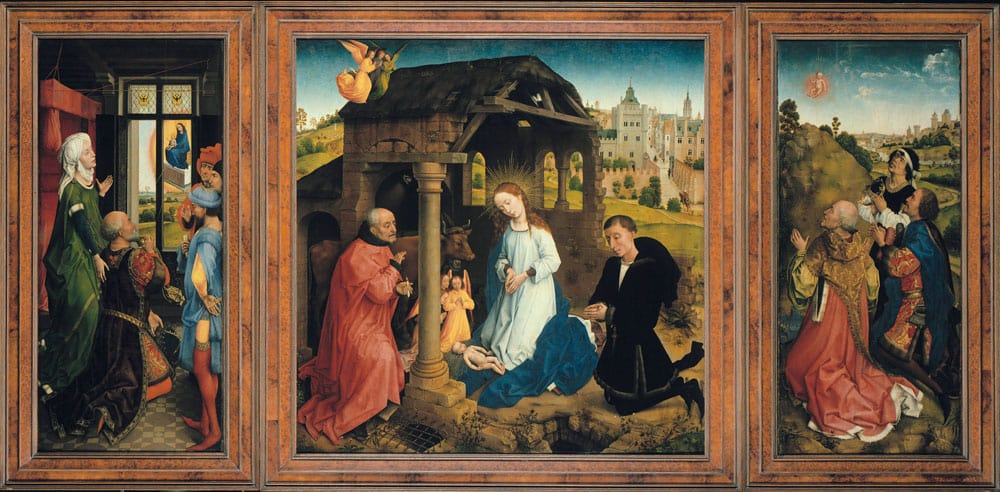 Renaissance-Style Triptych Mural Wallpaper with Vibrant Historical Scenes and Rich Colours