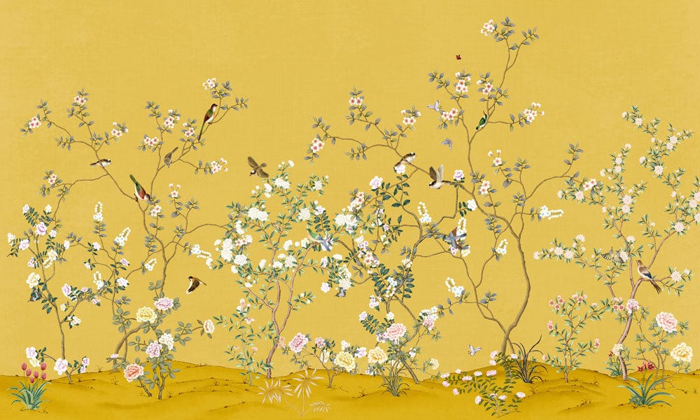 Golden Botanical Garden Mural Wallpaper: Elegant Floral and Bird Design