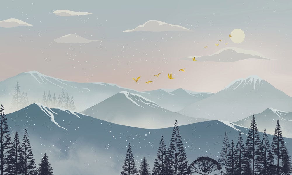 Tranquil Mountain Vista Mural Wallpaper - Misty Blue Nature Landscape Design