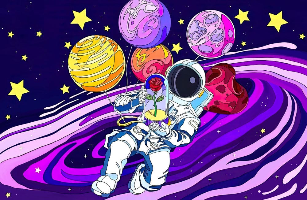 Cosmic Astronaut Galaxy Adventure Mural Wallpaper with Vibrant Planetary Colours