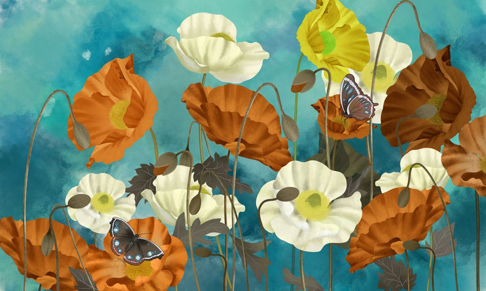 Vibrant Poppy and Butterfly Garden Mural Wallpaper in Teal and Orange