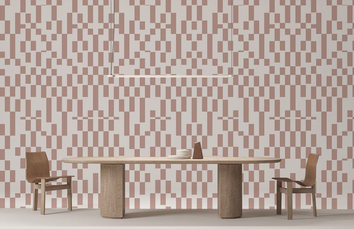 Elegant beige geometric wallpaper, wooden dining table, chairs, contemporary interior design.