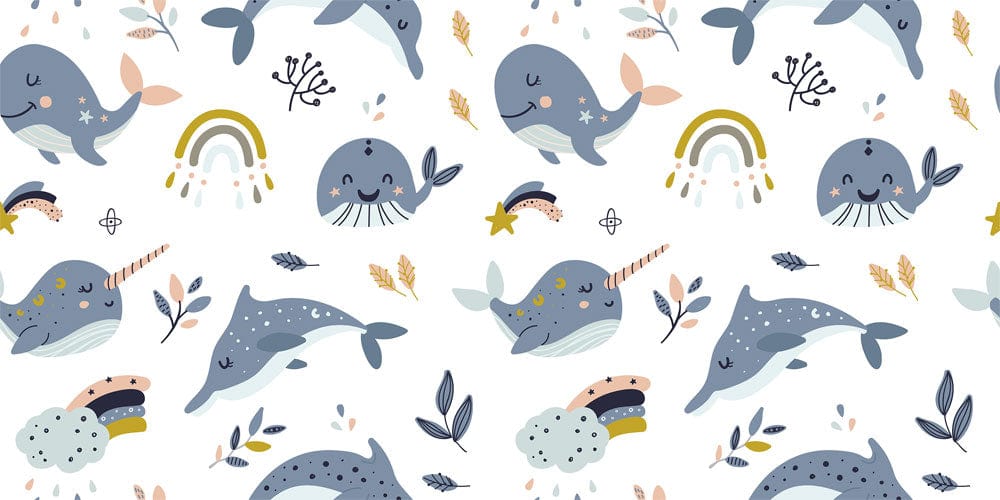 Dreamy Ocean Whales and Rainbows Kids' Pastel Mural Wallpaper Décor