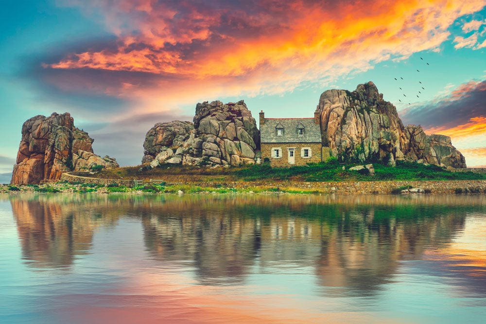 Rustic Coastal Sunset Mural Wallpaper with Tranquil Waters and Rocky Cliffs