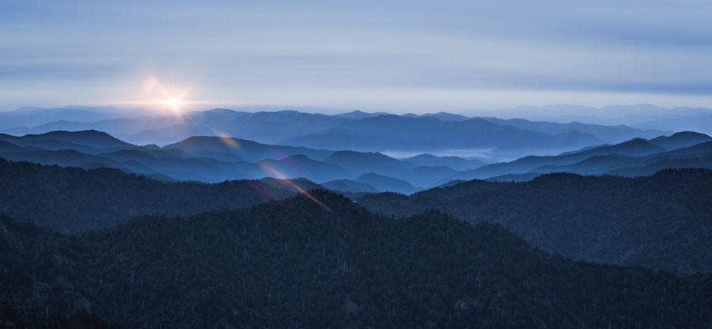 Blue Mountain Sunrise Scenic Landscape Mural Wallpaper for Tranquil Interiors