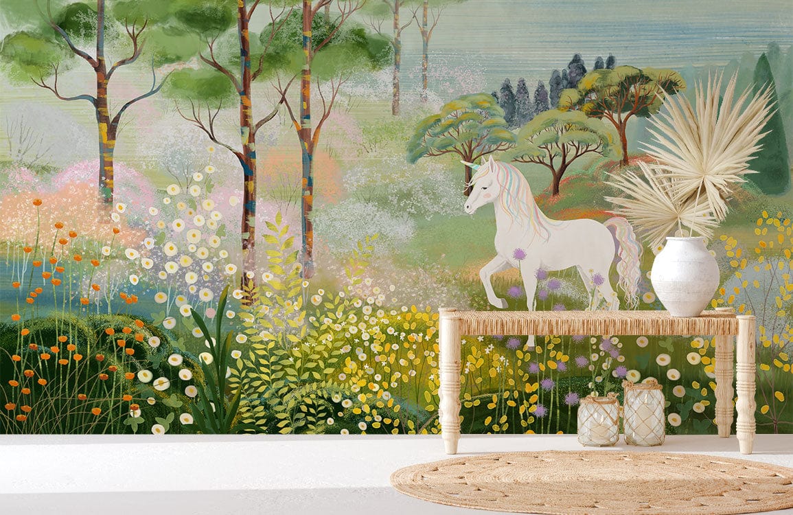 Whimsical unicorn mural with floral scene, rustic wooden bench, woven rug, for children's room enchantment.