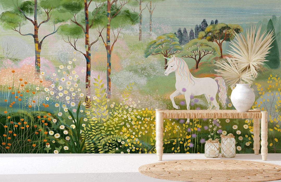 Whimsical unicorn mural with floral scene, rustic wooden bench, woven rug, for children's room enchantment.