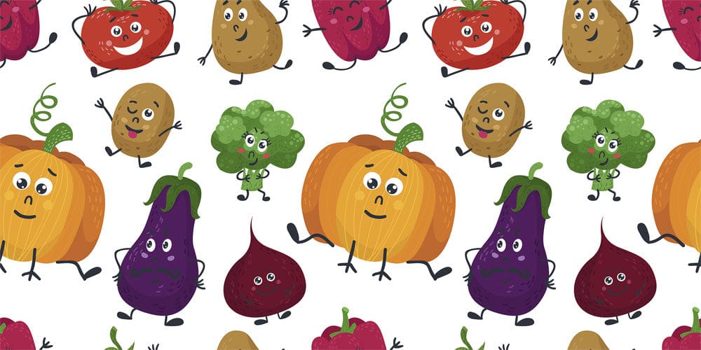 Vibrant Cartoon Vegetable Garden Patterned Kids Wallpaper for Playful Spaces