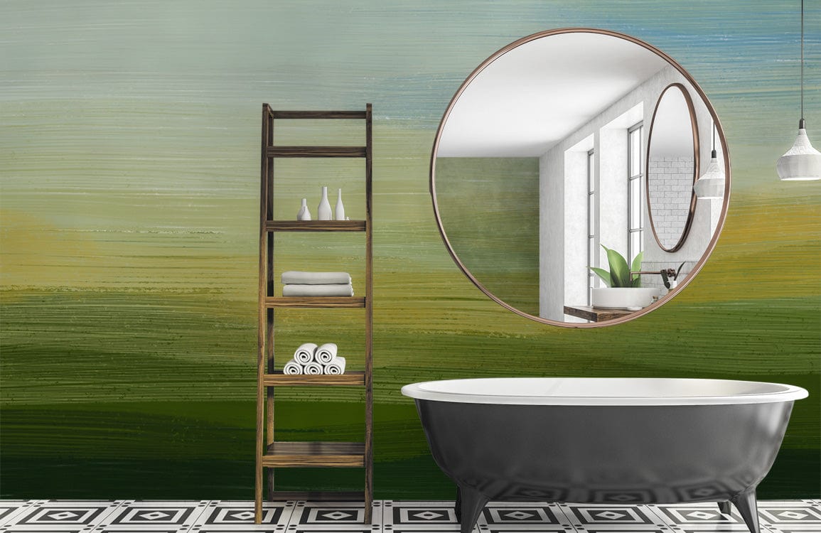 Serene gradient mural wallpaper with circular mirror, freestanding bathtub, geometric floor tiles in stylish bathroom.