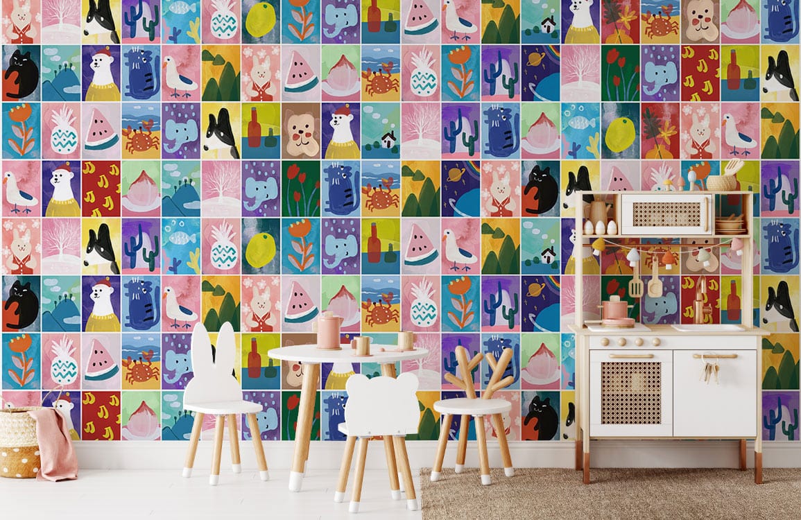Kids' room with colourful animal patchwork wallpaper, white play table, wooden toy kitchen, cosy rug.