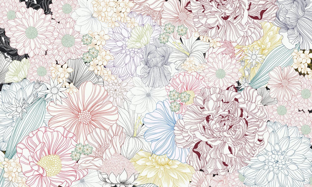 Floral Elegance Bloom Multicolour Line Art Pastel Mural Wallpaper Decor