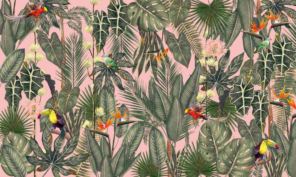 Tropical Paradise Botanical Wallpaper with Pink Background and Exotic Foliage Design.