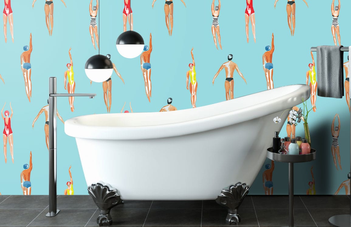Retro Swimmers Aqua Blue Wallpaper in modern bathroom features white bathtub, black floor, round lights.
