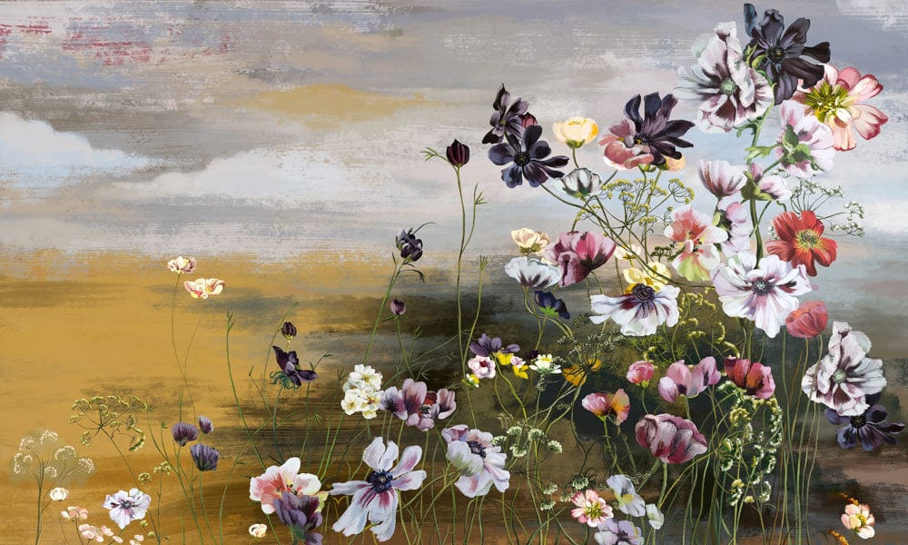 Vintage Floral Mural Wallpaper with Moody Pastel Colours and Artistic Style