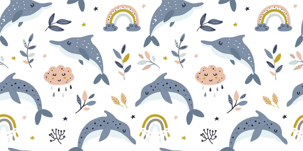 Playful Blue Dolphins Nursery Wallpaper with Rainbows and Clouds Pattern