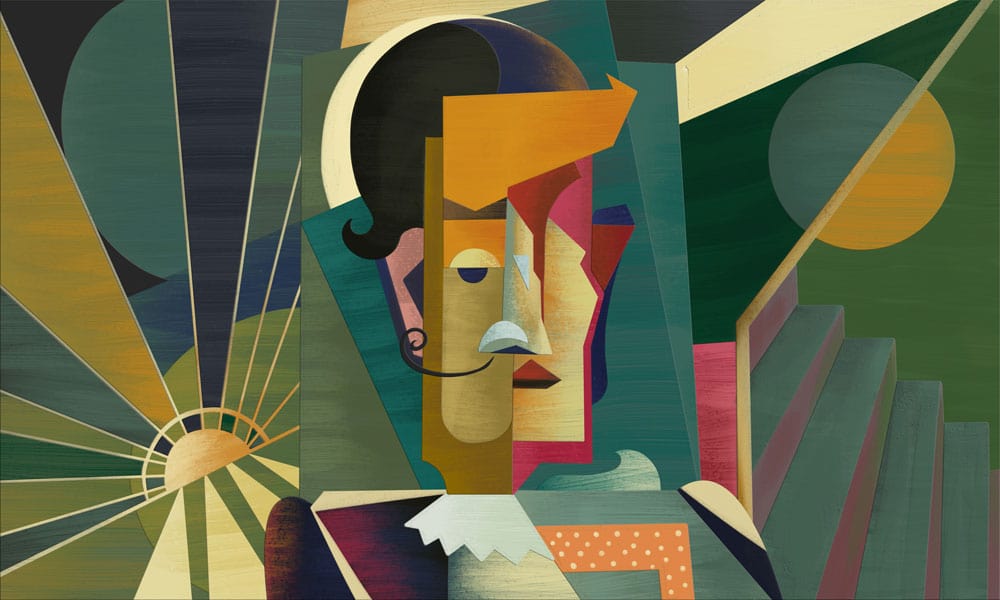Geometric Abstract Cubism Mural Wallpaper in Vibrant Green and Orange Hues