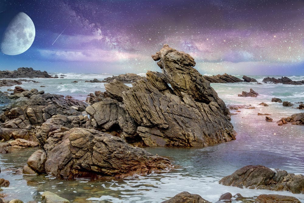 Mystical Coastal Nightscape Mural Wallpaper with Moonlit Rocks and Sea Sky