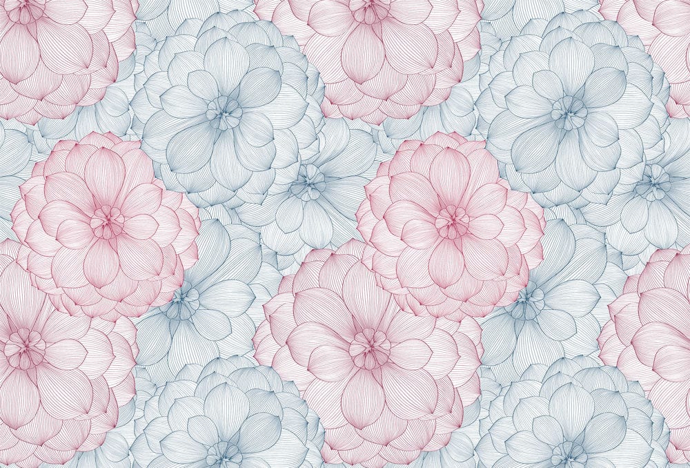 Pastel Floral Elegance Wallpaper: Pink and Blue Delicate Bloom Pattern
