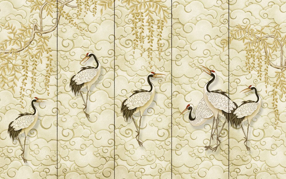 Elegant Golden Crane and Cloud Oriental Mural Wallpaper - Vintage Style Design