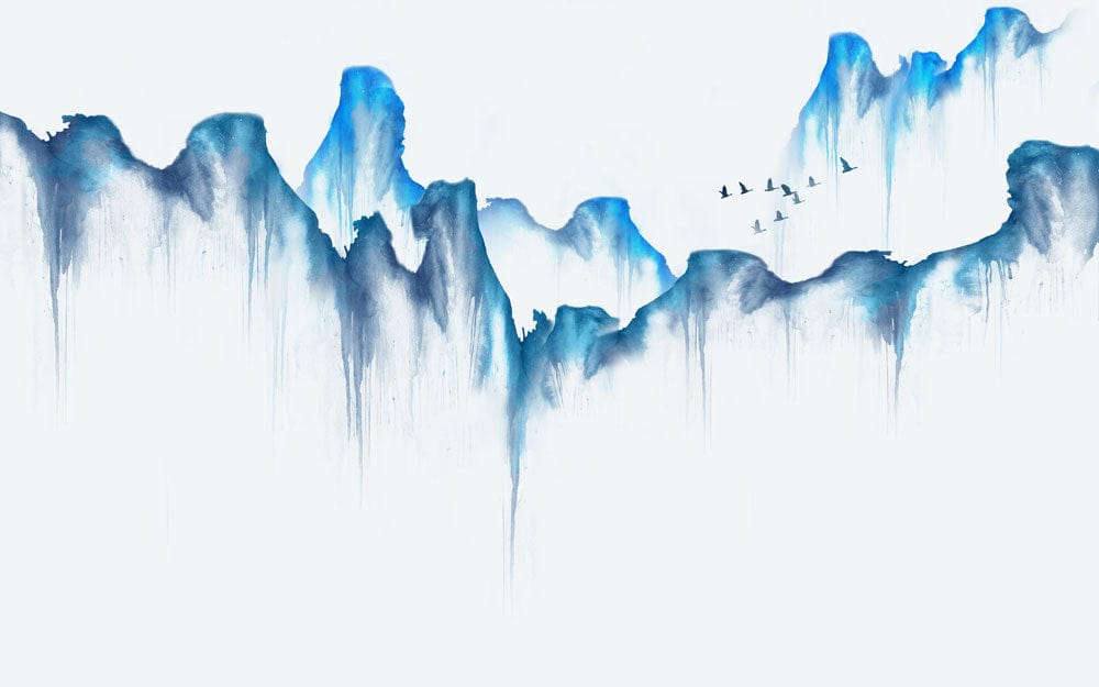 Tranquil Blue Watercolour Mountain Mural Wallpaper with Birds in Flight