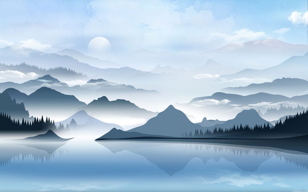 Serene Blue Mountain Landscape Mural Wallpaper for Tranquil Home Decor.