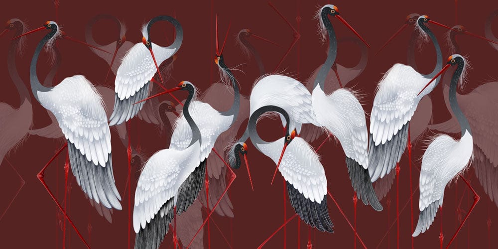 Elegant Crane Dance Pattern, Rich Red Mural Wallpaper Décor
