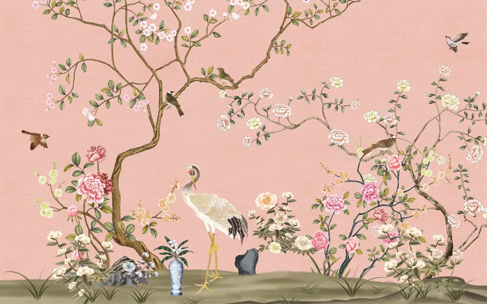 Elegant Pastel Chinoiserie Mural Wallpaper with Cranes and Blossoms Design