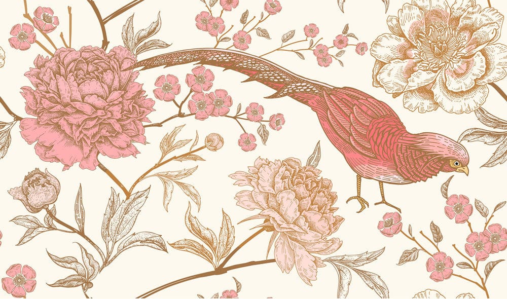 Elegant Vintage Bird and Floral Wallpaper in Pink and Cream Design