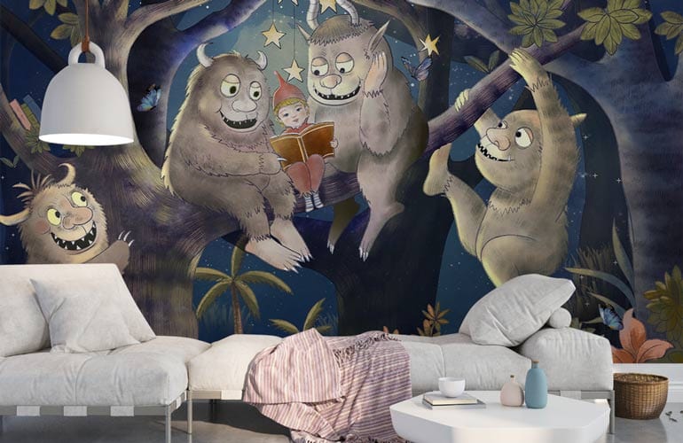 Cosy Night Forest Adventure Mural Wallpaper; playful creatures; white sectional sofa; pendant lamp; basket.