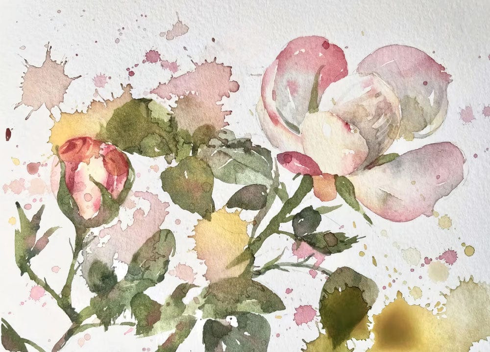 Elegant Watercolour Floral Blush and Green Rose Botanical Mural Wallpaper