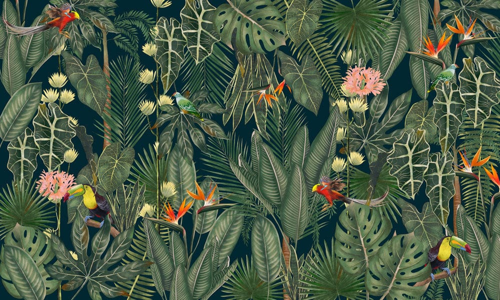 Tropical Jungle Paradise Dark Green Exotic Foliage Mural Wallpaper Design