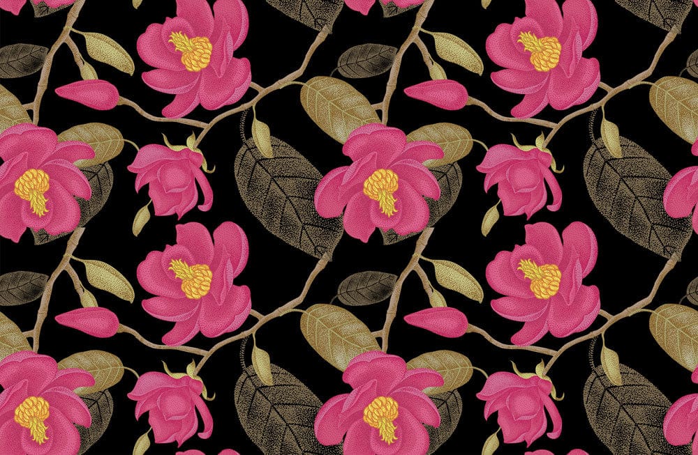Vintage Black Floral Wallpaper with Pink Blooms and Gold Leaves Pattern