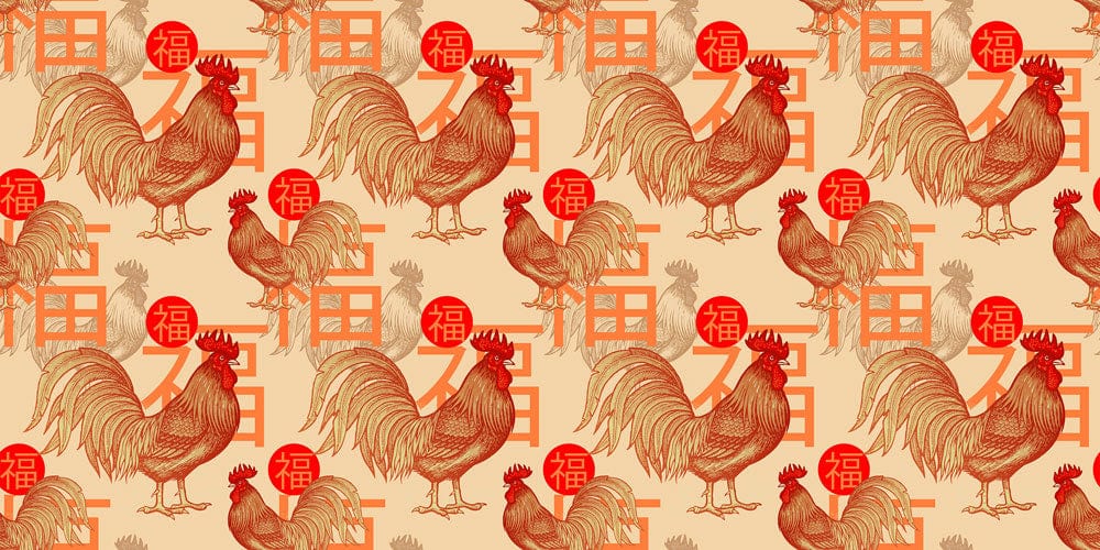 Vintage Chinese Rooster Pattern Wallpaper with Red Symbols - Oriental Elegance