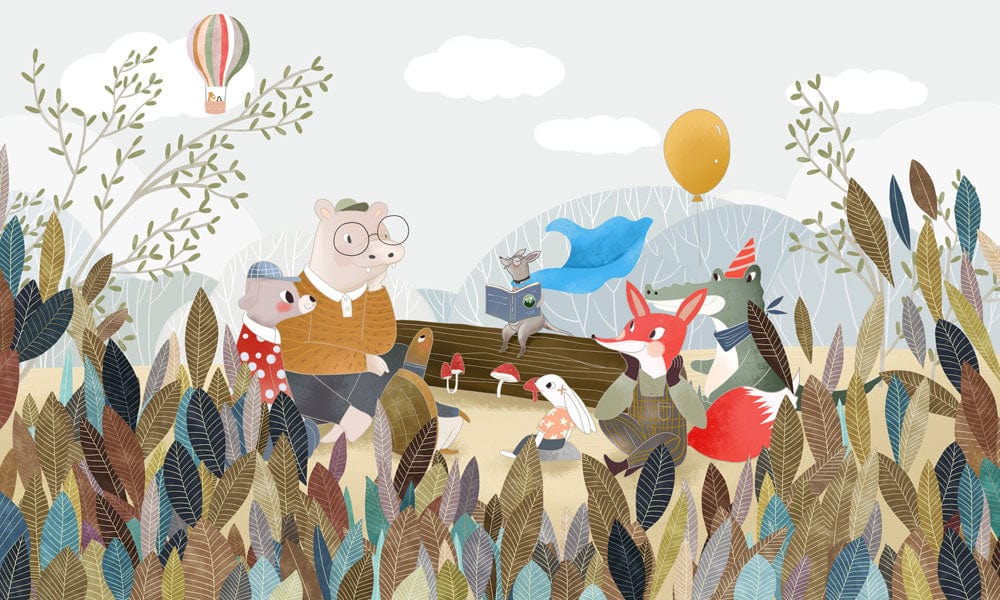 Charming Woodland Friends Mural Wallpaper for Kids' Room - Colourful Scene