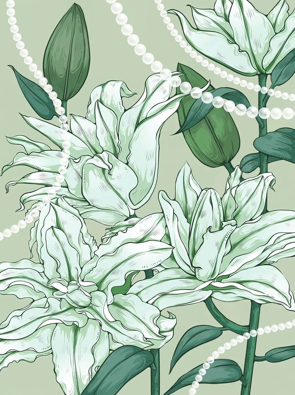 Elegant Green Floral Wallpaper with Pearl Accents for Stylish Interiors