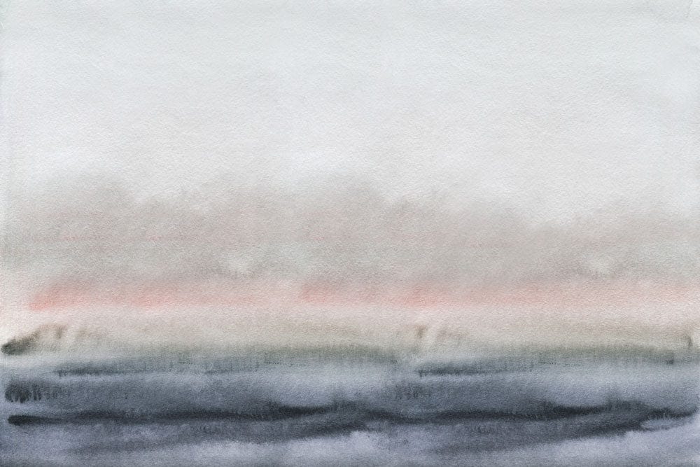Serene Misty Landscape Watercolour Mural Wallpaper in Soft Grey and Pink