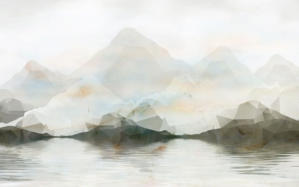Tranquil Watercolour Mountain Landscape Mural Wallpaper in Soft Neutral Tones