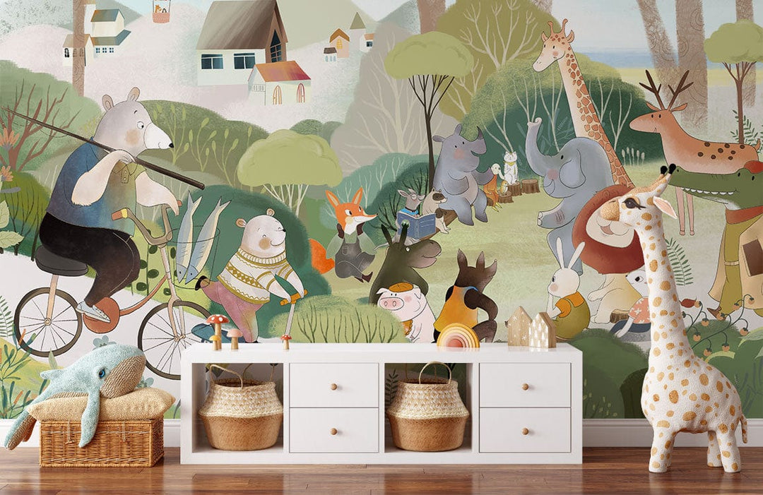 Whimsical forest mural in pastel hues, children's room with toy giraffe, wooden flooring, white dresser.