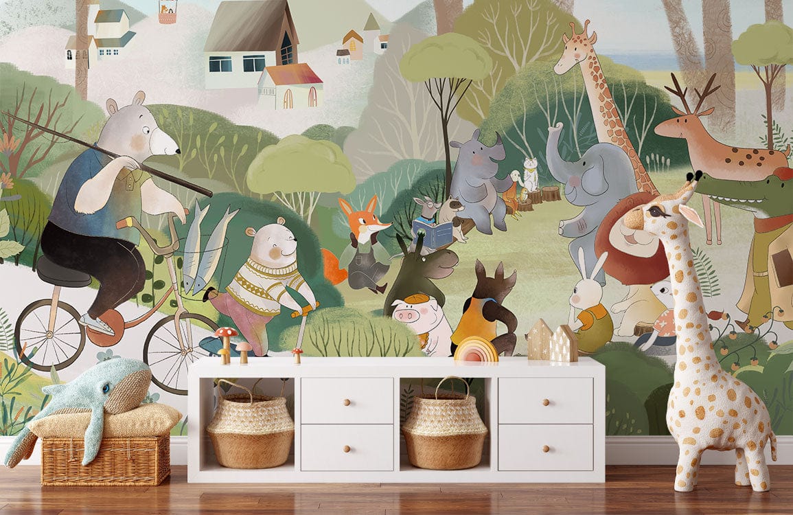 Whimsical forest mural in pastel hues, children's room with toy giraffe, wooden flooring, white dresser.