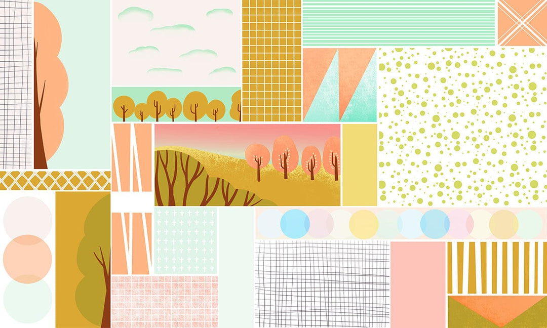 Pastel Geometric Landscape Mural Wallpaper with Trees and Patterns Design